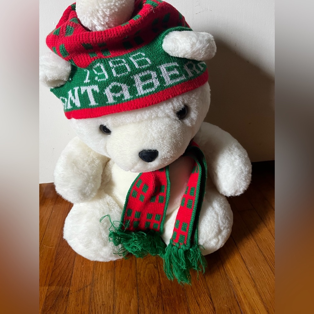 White Teddy Bear with Red and Green Hat and Scarf 1986 dayton-hudson santa bear